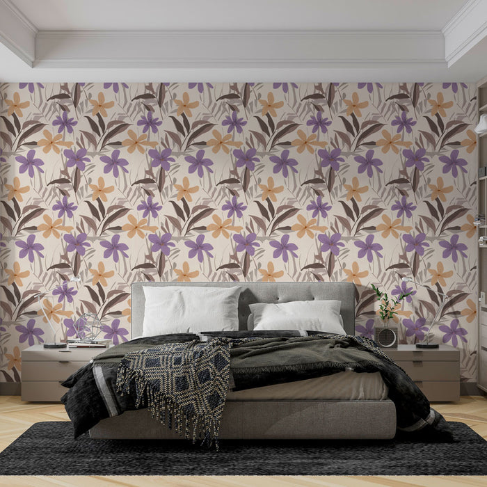 Une chambre moderne avec un papier peint floral aux motifs de fleurs violettes et orange sur fond crème, créant une atmosphère chaleureuse et accueillante.