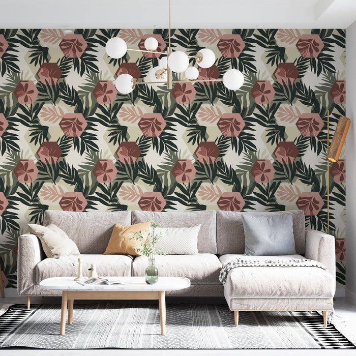 Un salon lumineux avec un papier peint tropical aux motifs floraux et feuillus dans des teintes de rose et vert, créant une ambiance chaleureuse et accueillante.