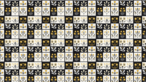 Papier peint floral géométrique Motifs de fleurs jaunes et blanches sur fond noir