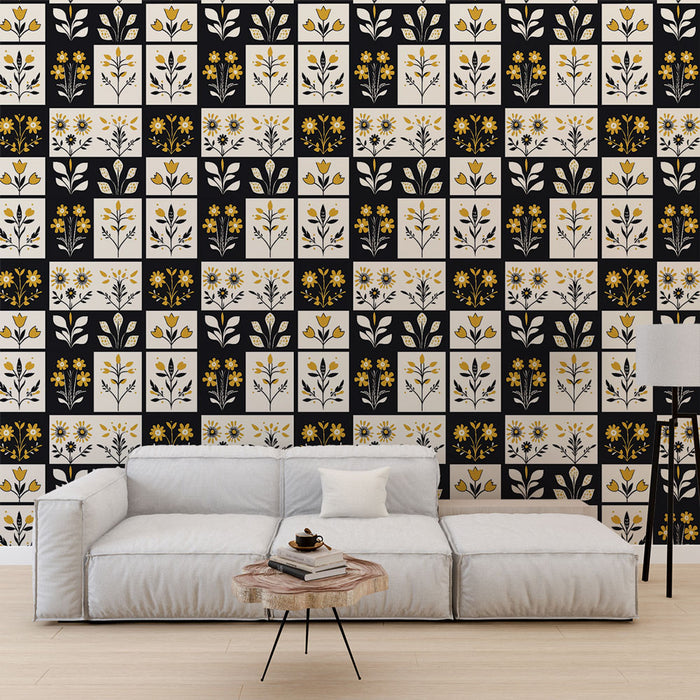 Un salon moderne avec un papier peint floral noir, blanc et jaune, présentant des motifs de fleurs stylisées qui apportent une ambiance chaleureuse et accueillante.