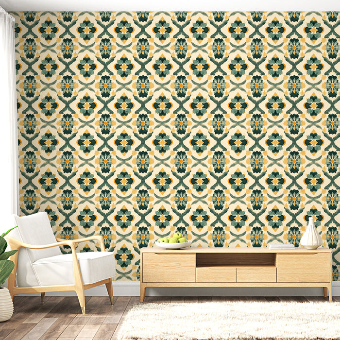 Un salon lumineux avec un papier peint aux motifs floraux en vert, jaune et crème, créant une ambiance chaleureuse et accueillante.