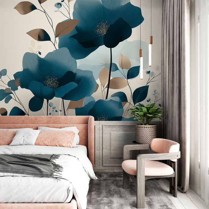 Une chambre élégante avec un papier peint floral bleu profond et beige, évoquant une atmosphère apaisante et moderne grâce à ses motifs délicats.
