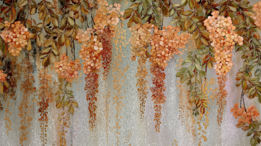 Papier peint floral Grappes de fleurs orangées et feuillage délicat