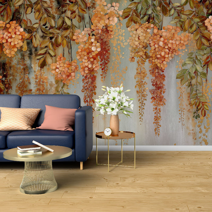 Un salon élégant avec un papier peint floral aux teintes chaudes d'orange et de vert, évoquant une atmosphère chaleureuse et accueillante.