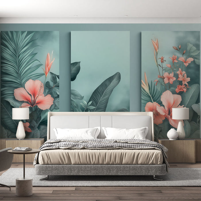 Une chambre moderne avec un papier peint tropical aux motifs floraux et feuillus dans des teintes douces de vert et de rose, créant une atmosphère apaisante et élégante.
