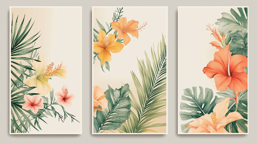 Papier peint floral imitation tableau Fleurs tropicales aux couleurs chaleureuses et feuillage luxuriant