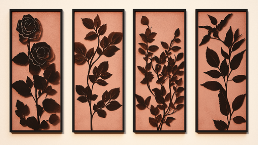 Papier peint floral imitation tableau Motifs de roses et feuillage en relief sur fond terre cuite