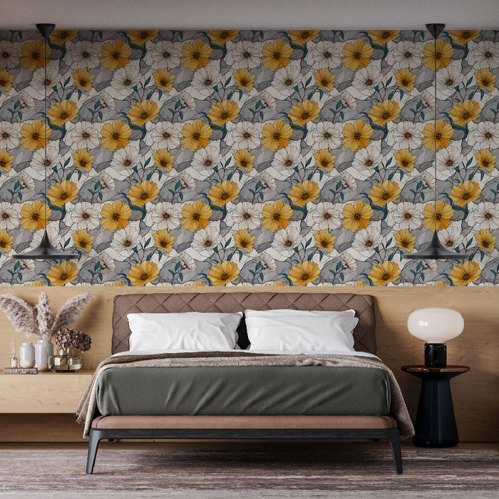 Une chambre moderne avec un papier peint floral aux motifs de fleurs jaunes et blanches sur fond gris, créant une ambiance chaleureuse et accueillante.