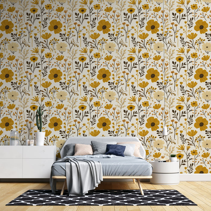 Une chambre lumineuse avec un papier peint floral aux motifs jaunes et bruns sur fond clair, créant une ambiance chaleureuse et naturelle.