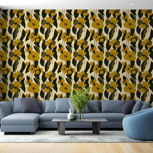 Un salon contemporain avec un papier peint floral aux motifs jaunes et verts sur fond crème, créant une ambiance chaleureuse et accueillante.