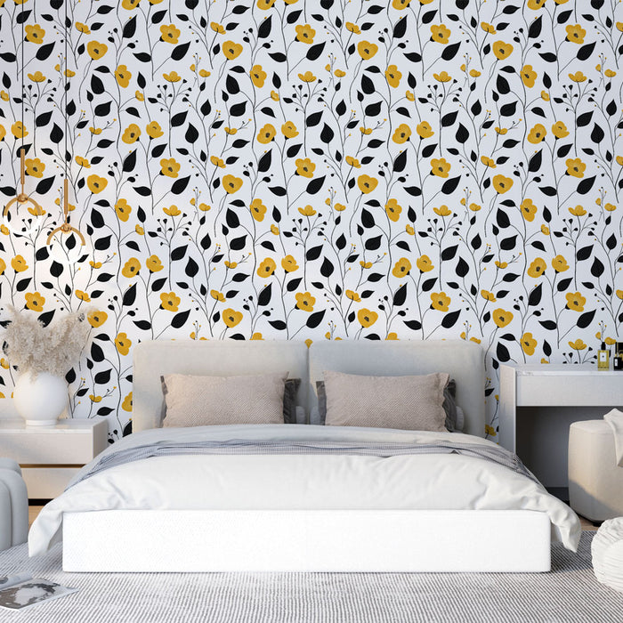 Une chambre moderne avec un papier peint floral aux motifs jaunes et noirs sur fond blanc, créant une ambiance joyeuse et dynamique.