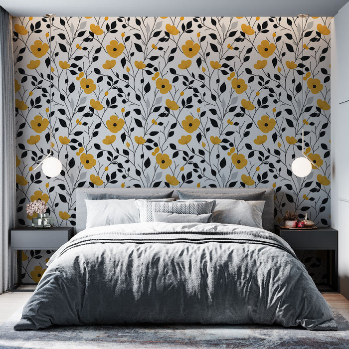 Une chambre moderne avec un papier peint floral aux motifs jaunes et noirs sur fond blanc, créant une ambiance lumineuse et joyeuse.