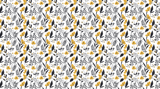 Papier peint floral jaune et noir Motifs de fleurs et feuillages sur fond blanc