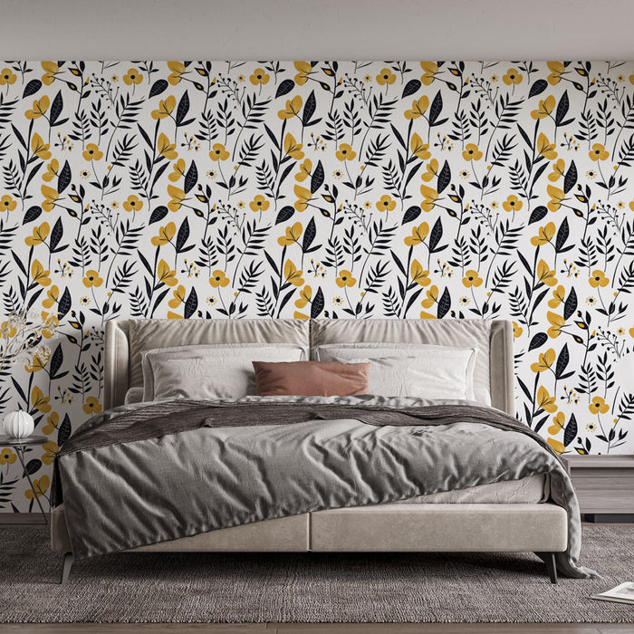 Une chambre moderne avec un papier peint floral noir et jaune sur fond blanc, créant une ambiance joyeuse et dynamique.