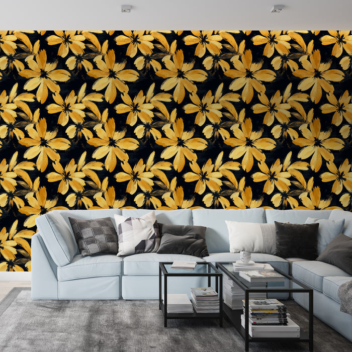 Un salon contemporain avec un papier peint floral aux grandes fleurs jaunes sur fond noir, créant une ambiance dynamique et chaleureuse.