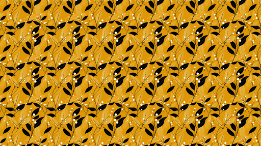 Papier peint floral jaune Motif de feuilles noires et baies blanches sur fond doré