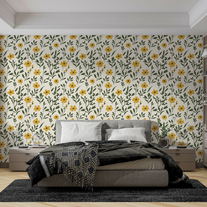 Une chambre moderne avec un papier peint floral aux motifs de fleurs jaunes et de feuillage vert sur fond clair, créant une atmosphère fraîche et accueillante.