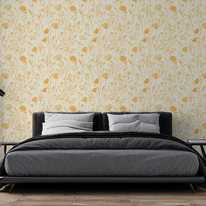 Une chambre moderne avec un papier peint floral crème et jaune aux motifs délicats, créant une atmosphère chaleureuse et apaisante.