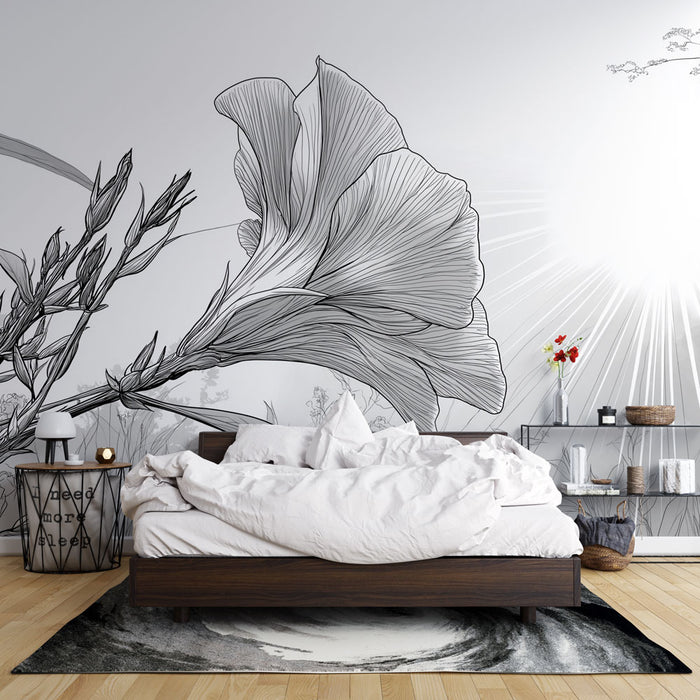 Une chambre moderne avec un papier peint floral en noir et blanc, représentant de grandes fleurs stylisées, créant une ambiance artistique et apaisante.