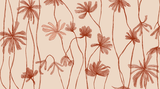 Papier peint floral linéaire Motifs de fleurs délicates en rouge sur fond sablé