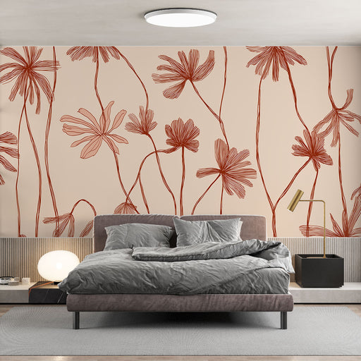 Une chambre moderne avec un papier peint floral aux lignes rouges sur fond beige, créant une ambiance douce et chaleureuse.