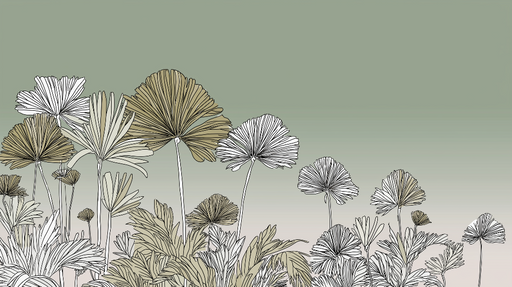 Papier peint floral linéaire Motifs élégants de feuilles sur fond vert doux