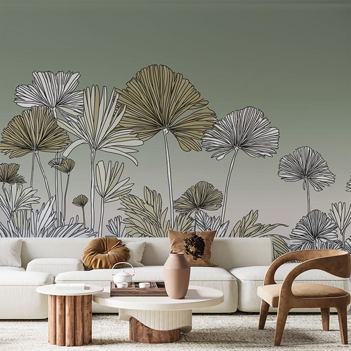 Papier peint floral linéaire | Motifs élégants de feuilles sur fond vert doux