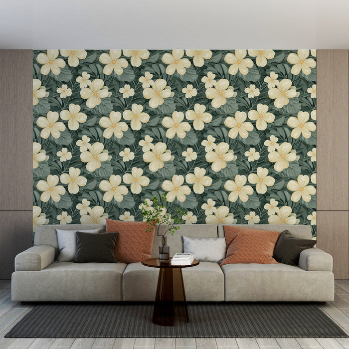 Un salon moderne avec un papier peint floral aux grandes fleurs blanches sur fond vert foncé, créant une atmosphère fraîche et accueillante.