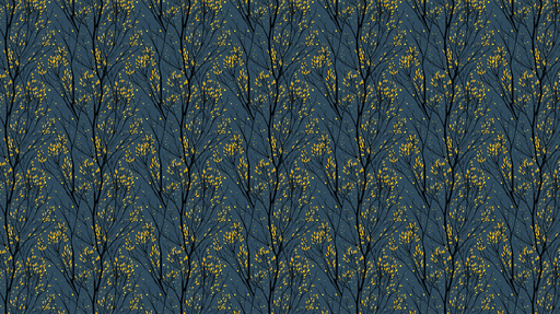 Papier peint floral lumineux Motif de branches noires et feuilles dorées sur fond bleu nuit