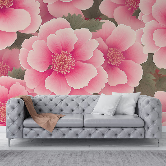 Papier peint floral | Magnifiques fleurs roses sur fond doux