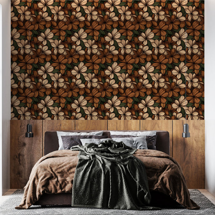 Une chambre chaleureuse avec un papier peint floral aux motifs de fleurs blanches et brunes sur fond sombre, créant une ambiance naturelle et accueillante.