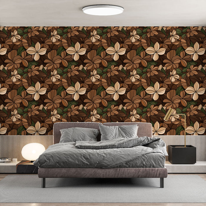 Une chambre moderne avec un papier peint floral aux teintes marron et beige, créant une atmosphère chaleureuse et naturelle.