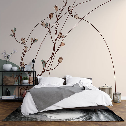 Une chambre moderne avec un papier peint illustrant des branches stylisées aux fleurs délicates, créant une ambiance apaisante et naturelle.