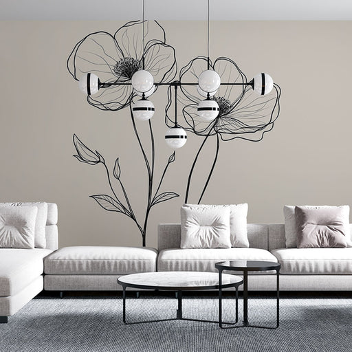Papier peint floral minimaliste avec dessin linéaire de fleurs délicates pour salon moderne