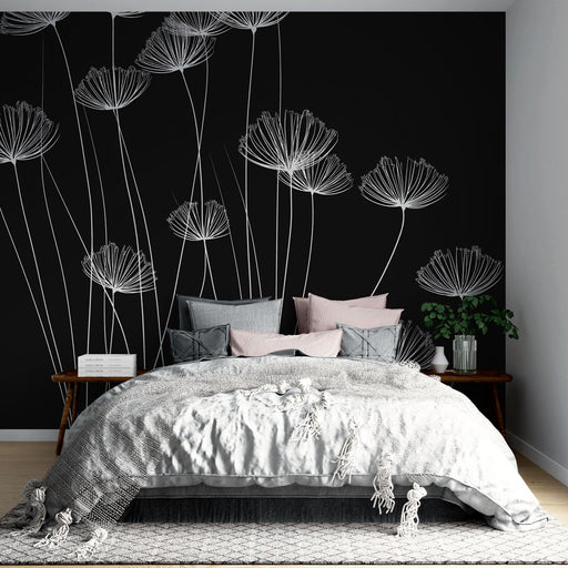 Papier peint floral minimaliste avec fleurs blanches sur fond noir pour chambre moderne