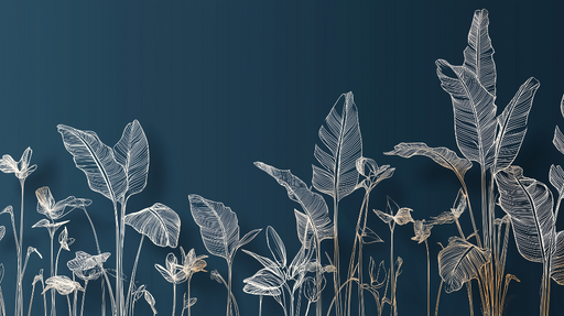 Papier peint floral minimaliste Lignes délicates de feuilles sur fond bleu profond