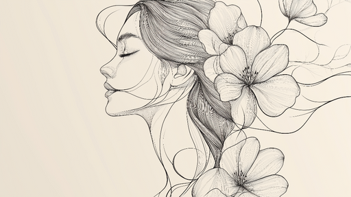 Papier peint floral minimaliste Silhouette délicate d'une femme entourée de fleurs élégantes