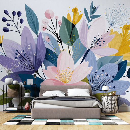 Une chambre moderne avec un papier peint floral aux teintes pastel et vives, créant une atmosphère joyeuse et apaisante.
