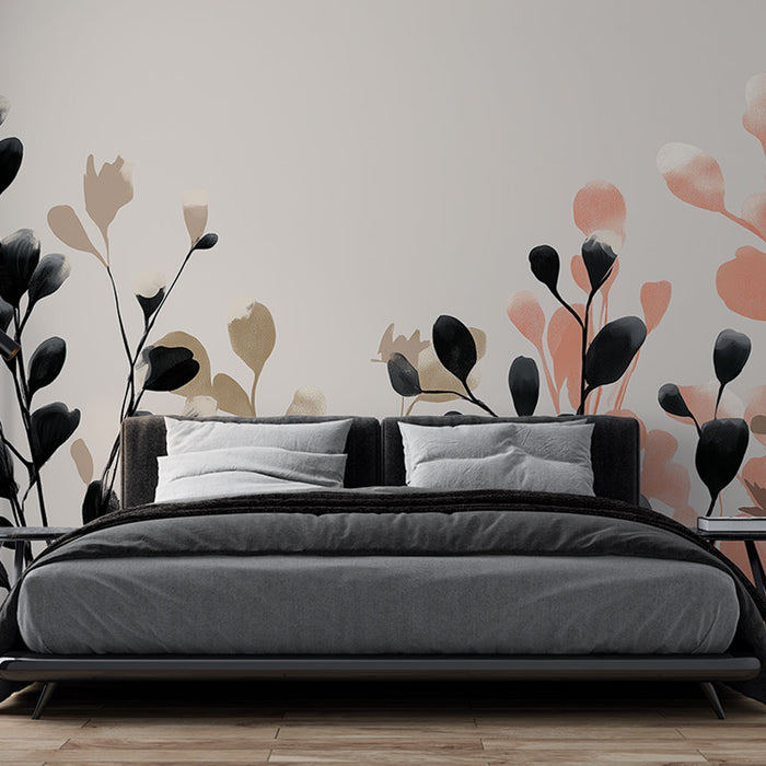 Une chambre moderne avec un papier peint aux motifs floraux abstraits en noir, rose et beige, créant une atmosphère douce et apaisante.