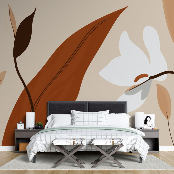 Une chambre moderne avec un papier peint aux motifs floraux stylisés dans des teintes beige, brun et blanc, créant une atmosphère apaisante et élégante.