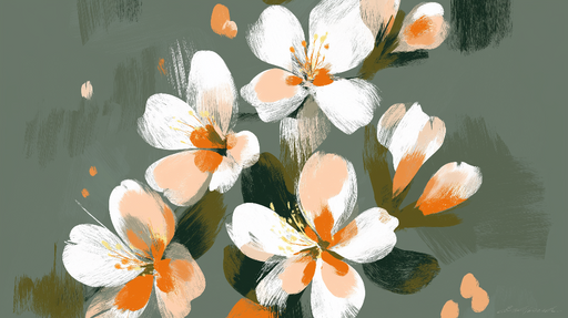 Papier peint floral moderne Fleurs blanches et orangées sur fond vert