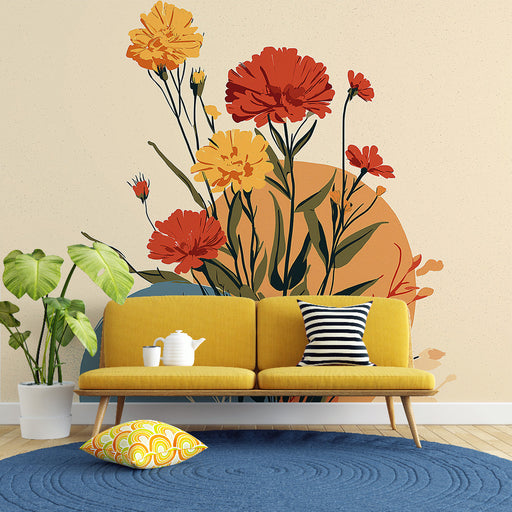 Une pièce moderne avec un papier peint floral aux teintes vives de rouge et jaune, créant une atmosphère chaleureuse et accueillante.