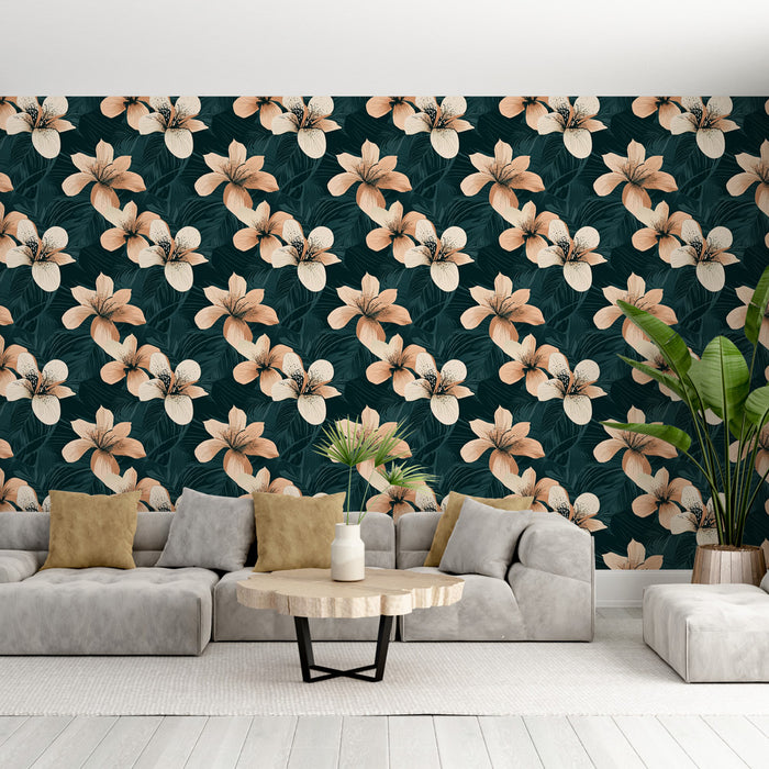 Un salon moderne avec un papier peint floral sur fond vert foncé, présentant de grandes fleurs pastel qui créent une ambiance chaleureuse et accueillante.