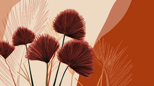 Papier peint floral moderne Fleurs rouge et motifs géométriques dans des tons chauds