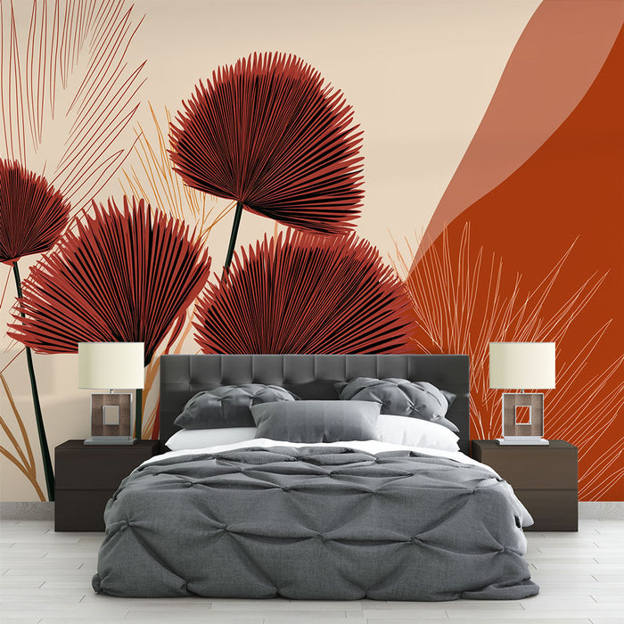 Une chambre moderne avec un papier peint tropical aux grandes feuilles rouges et ocres sur fond beige, créant une ambiance chaleureuse et accueillante.