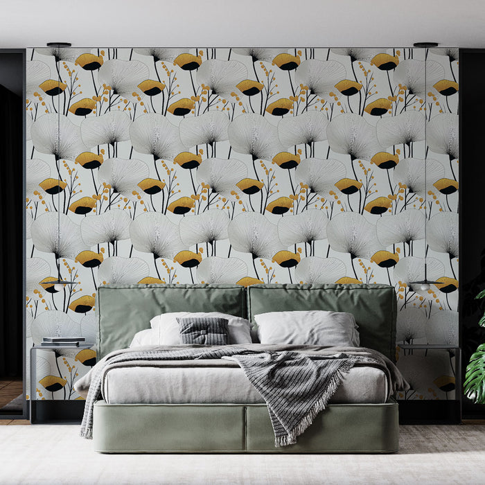 Une chambre moderne avec un papier peint floral aux motifs stylisés en noir, blanc et jaune, créant une ambiance élégante et apaisante.
