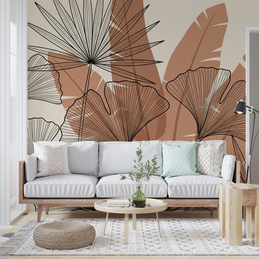 Un salon moderne avec un papier peint botanique aux motifs stylisés de feuilles dans des teintes terracotta et beige, créant une ambiance chaleureuse et naturelle.