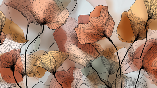 Papier peint floral moderne Motifs de fleurs aux teintes chaudes et lignes délicates