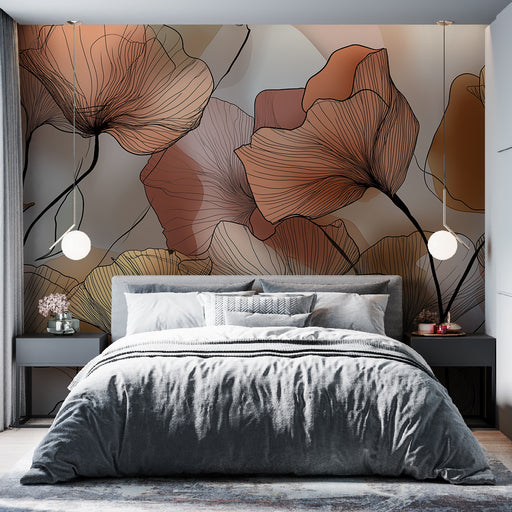 Une chambre élégante avec un papier peint floral aux teintes chaudes de rose et beige, dégageant une atmosphère douce et apaisante.