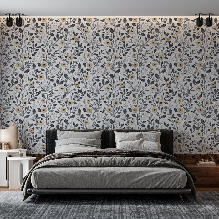 Une chambre moderne avec un papier peint floral aux motifs délicats de fleurs jaunes et feuillages gris sur fond clair, créant une atmosphère douce et chaleureuse.